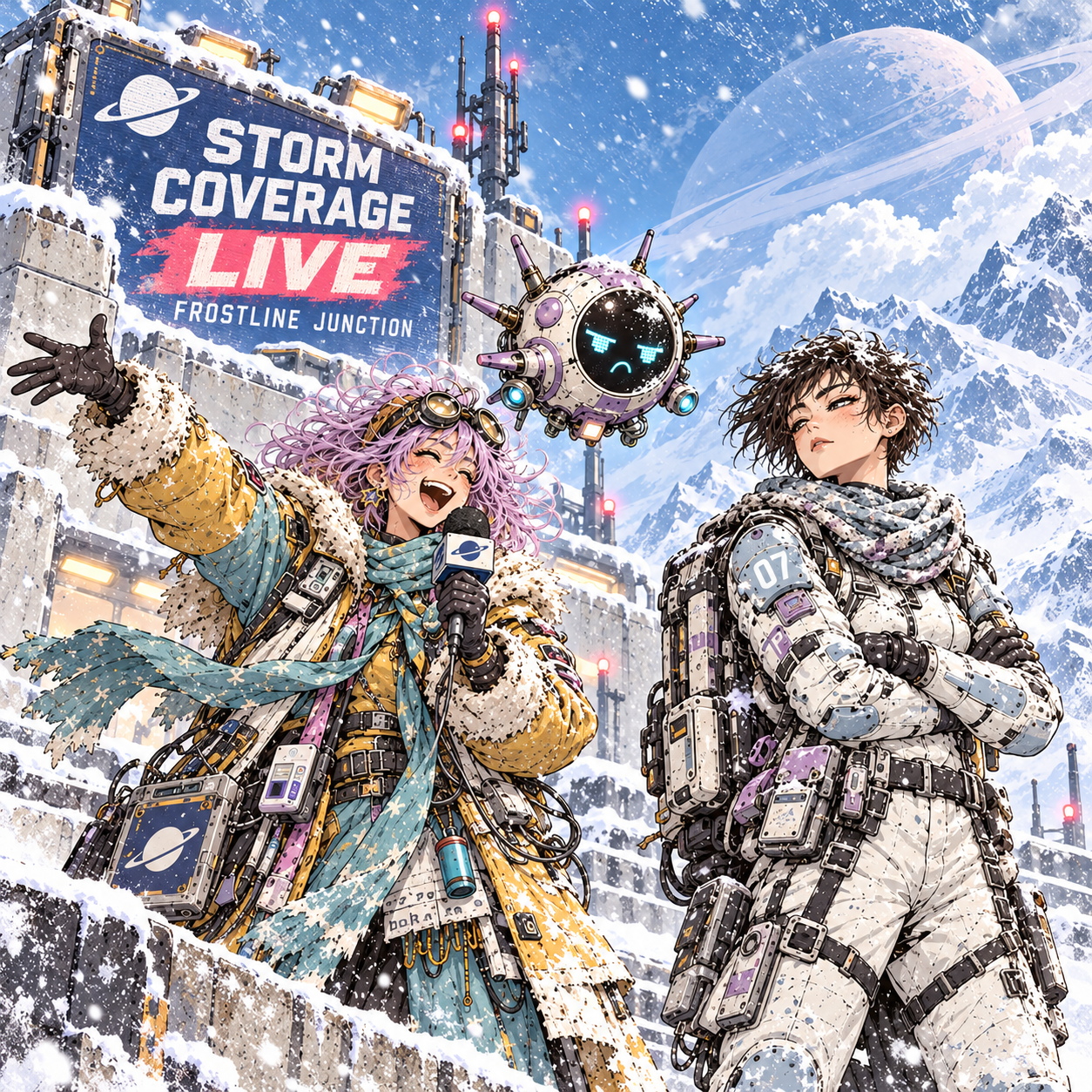 Weather reporter Drift Quill interviews a stranded space courier and her spherical robot companion during a severe snowstorm at Frostline Junction.