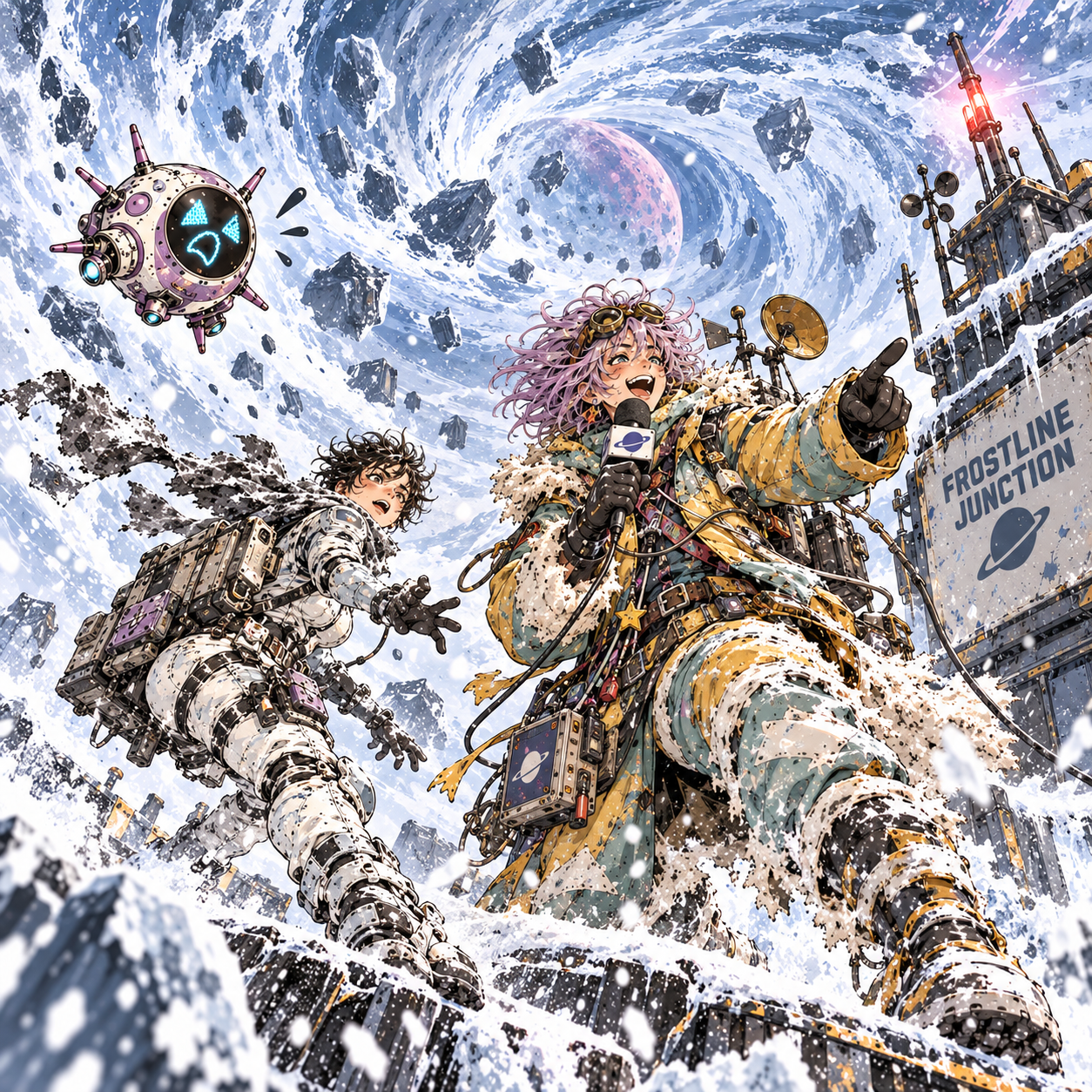 Drift Quill broadcasts through a violent alien ice storm while Courier 07 and her robot wait beside frozen cargo at Frostline Junction.