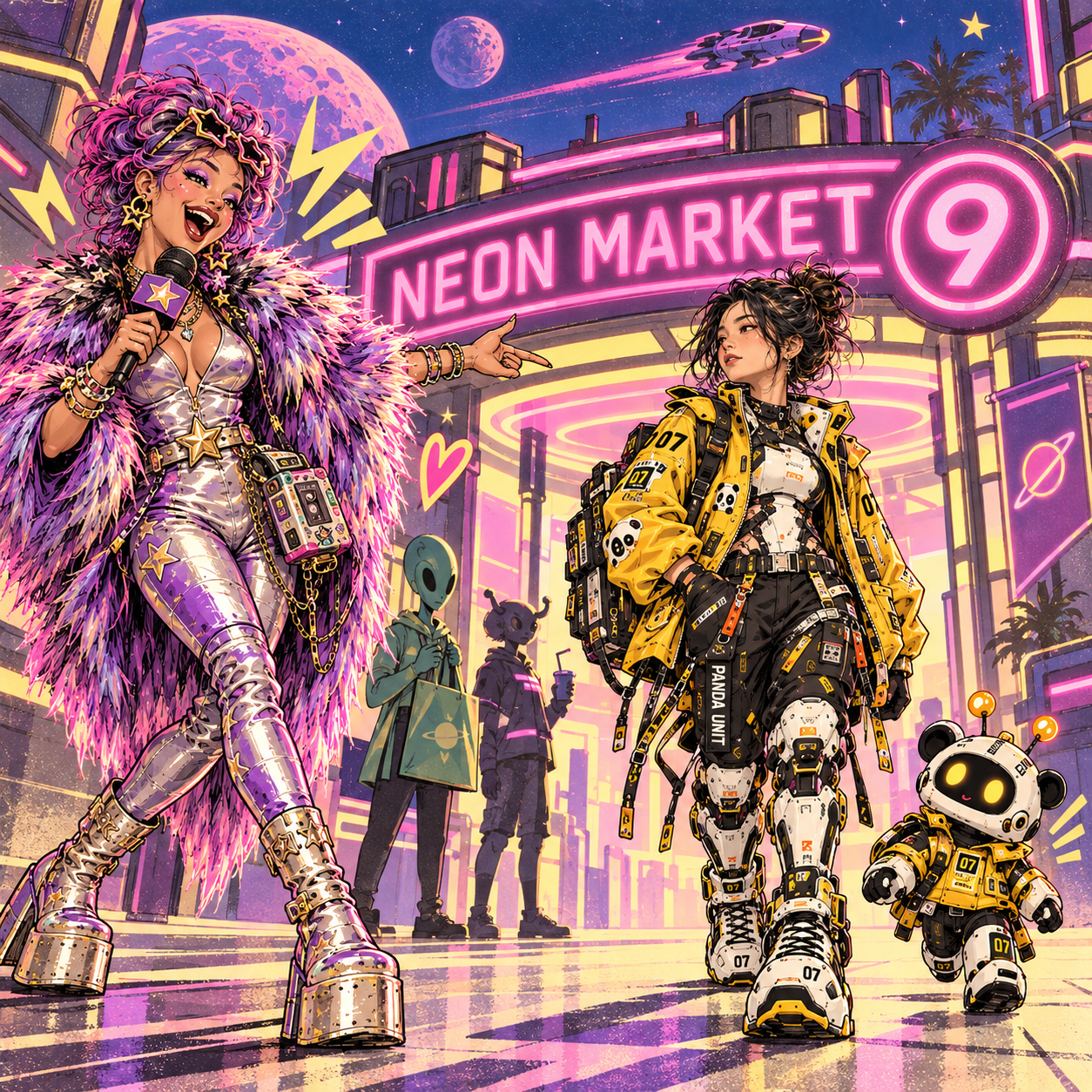 Overcooked Galaxy culture reporter Lula Comet reports from Neon Market 9 as Panda Unit 07 arrives wearing yellow-and-black futuristic courier gear with her panda robot companion.