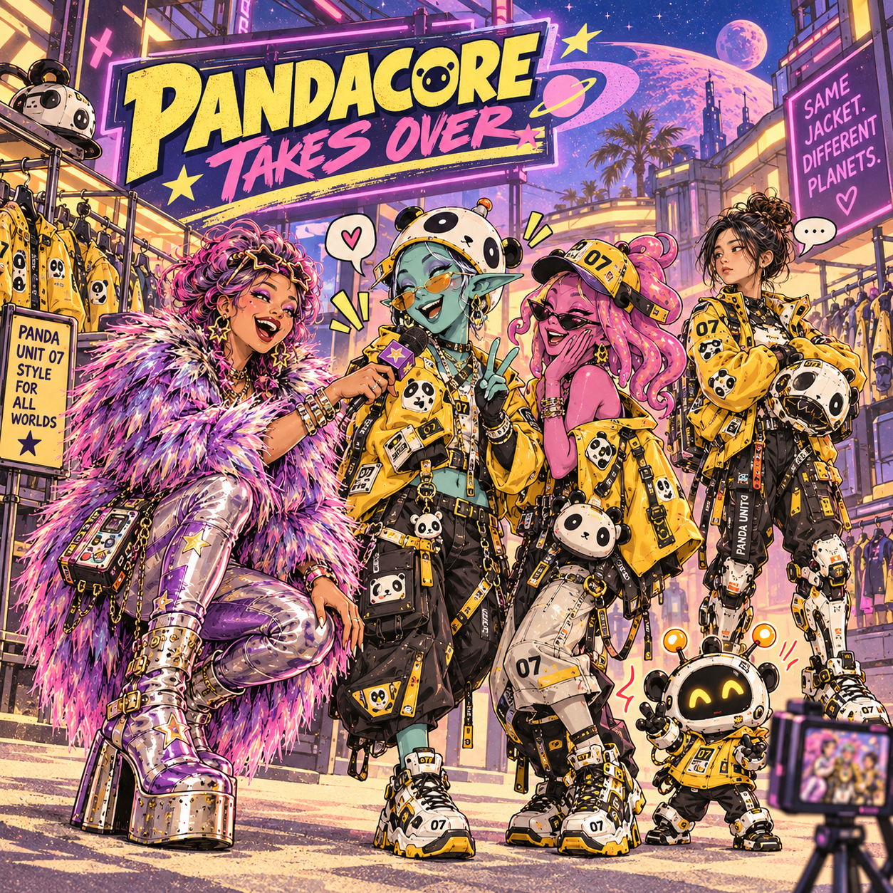 Lula Comet interviews alien shoppers and street vendors as people copy Panda Unit 07's yellow cyberpunk courier style throughout Neon Market 9.