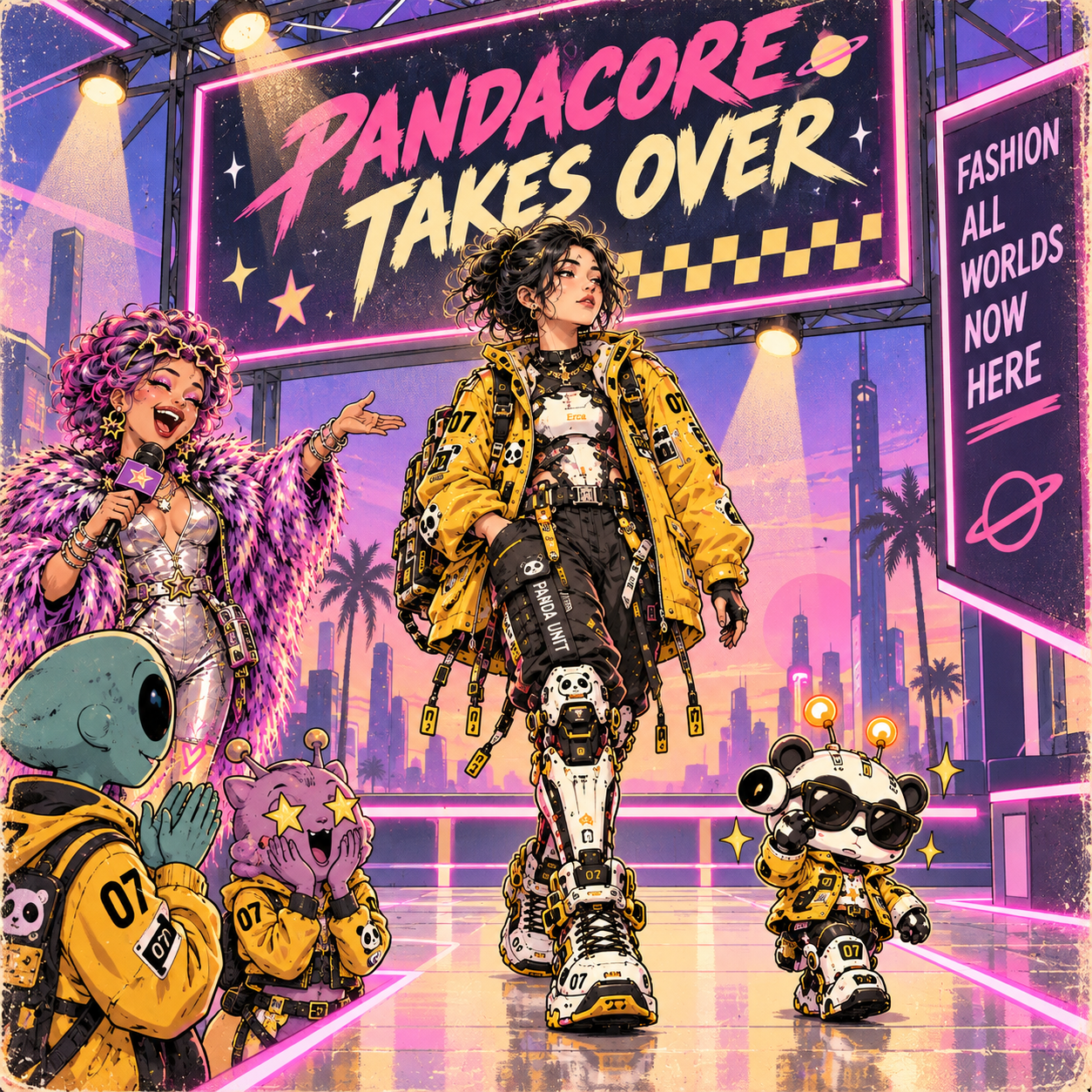 Lula Comet reports as Panda Unit 07 and her panda robot become the unexpected center of an eccentric alien streetwear event in the Overcooked Galaxy universe.