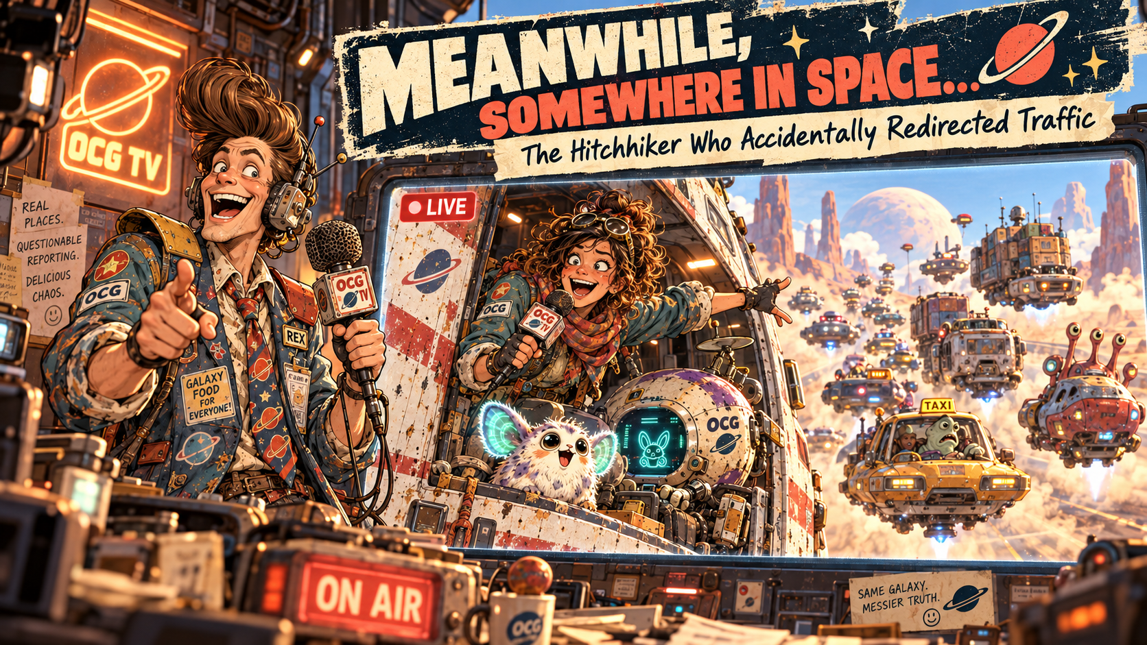 Rex Rattle in his ramshackle studio beside a huge monitor showing Jetta leaning from a moving courier ship while a ridiculous convoy of alien vehicles follows behind. The tiny glowing alien passenger is visible through the ship window beside the courier and robot.