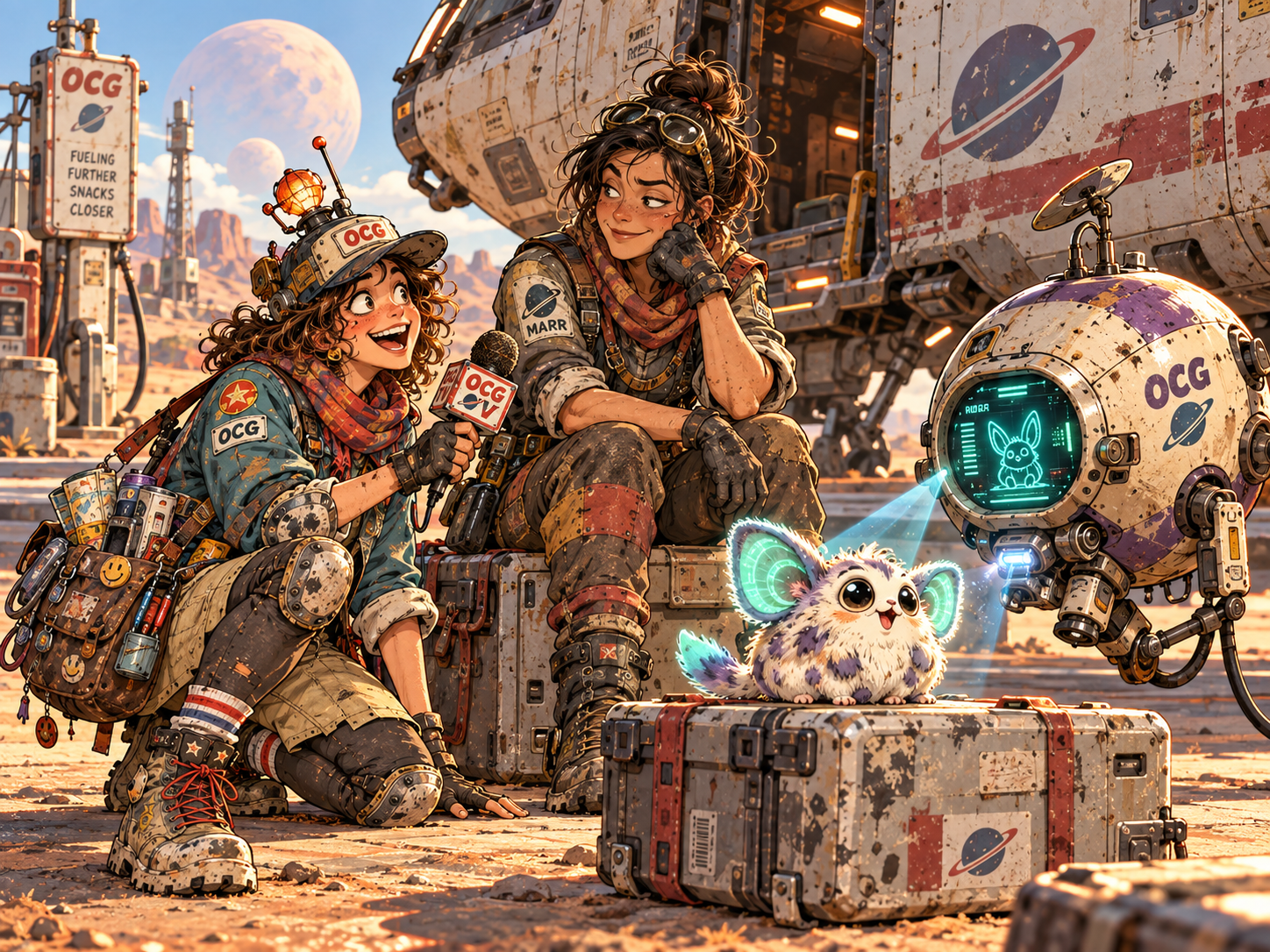 Jetta Spark interviews a space courier and her robot companion beside a tiny alien hitchhiker on Pico-9.