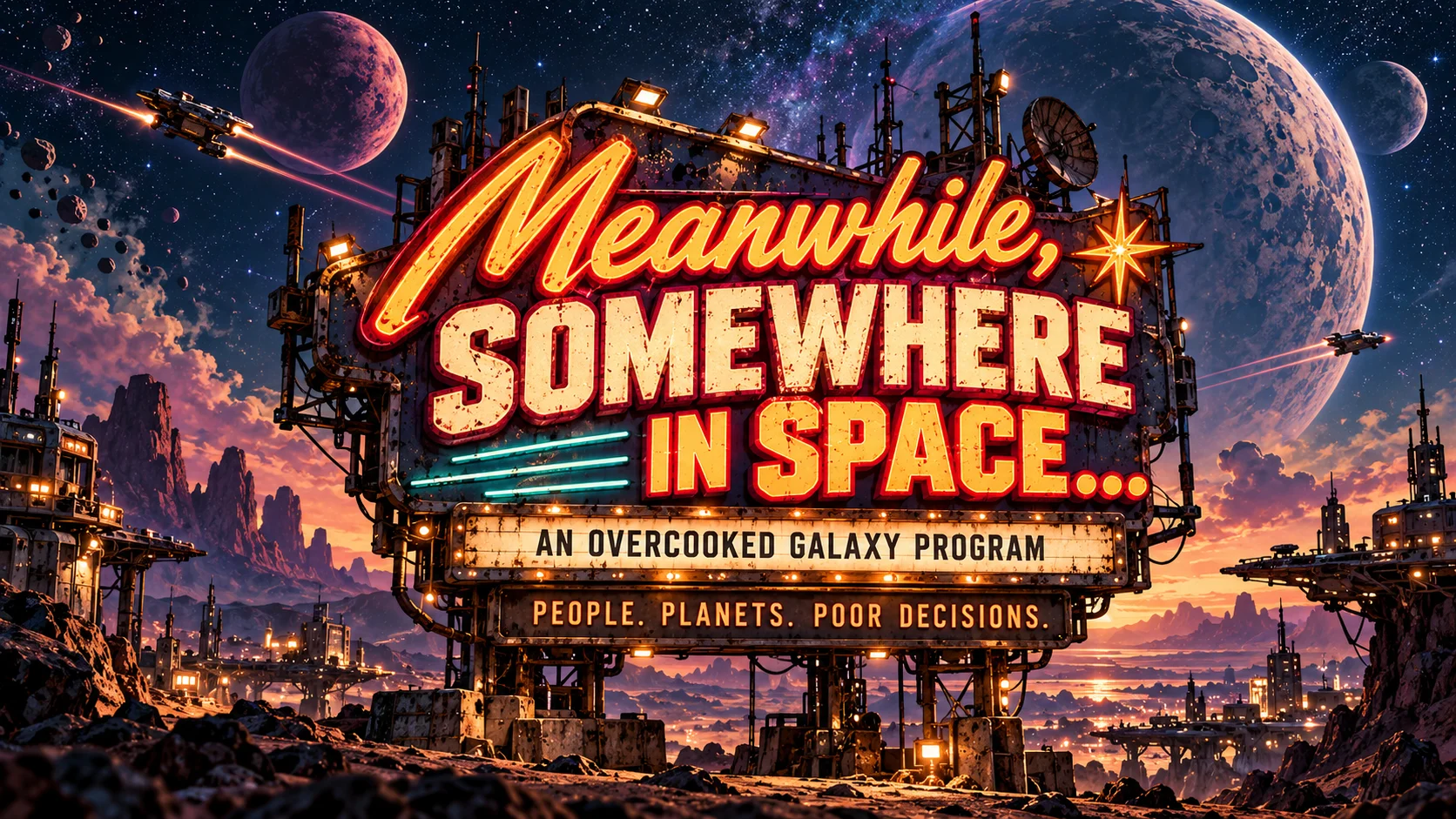 A glowing roadside billboard on an alien planet reads: Meanwhile, Somewhere in Space… An Overcooked Galaxy Program. People. Planets. Poor Decisions.